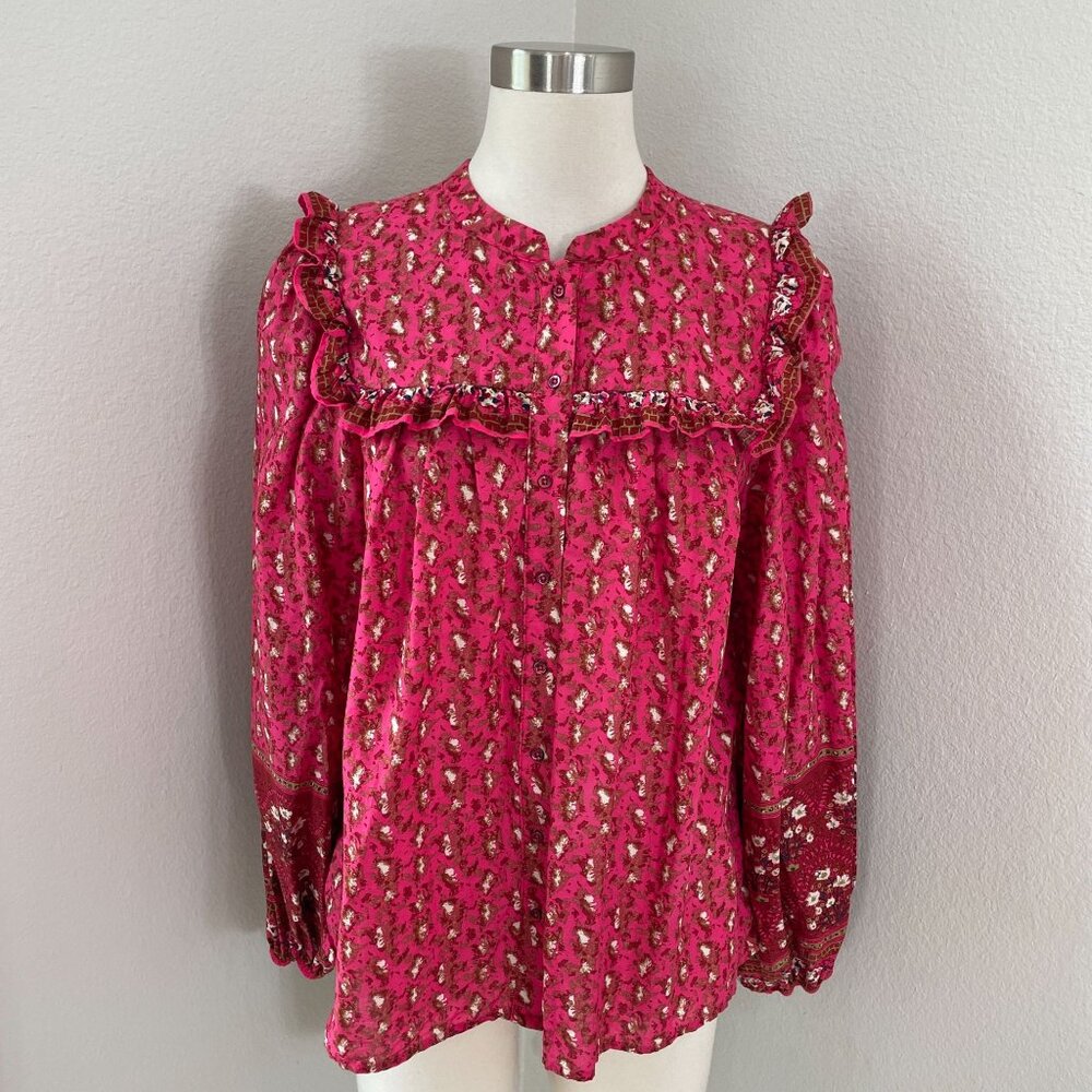 Joie Womens Large Pink Floral‎ Ruffled Peasant Blouse Long Sleeve Shirt Top